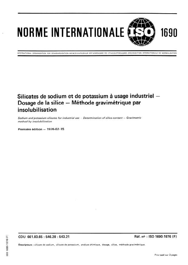ISO 1690:1976 - Silicates de sodium et de potassium a usage industriel -- Dosage de la silice -- Méthode gravimétrique par insolubilisation