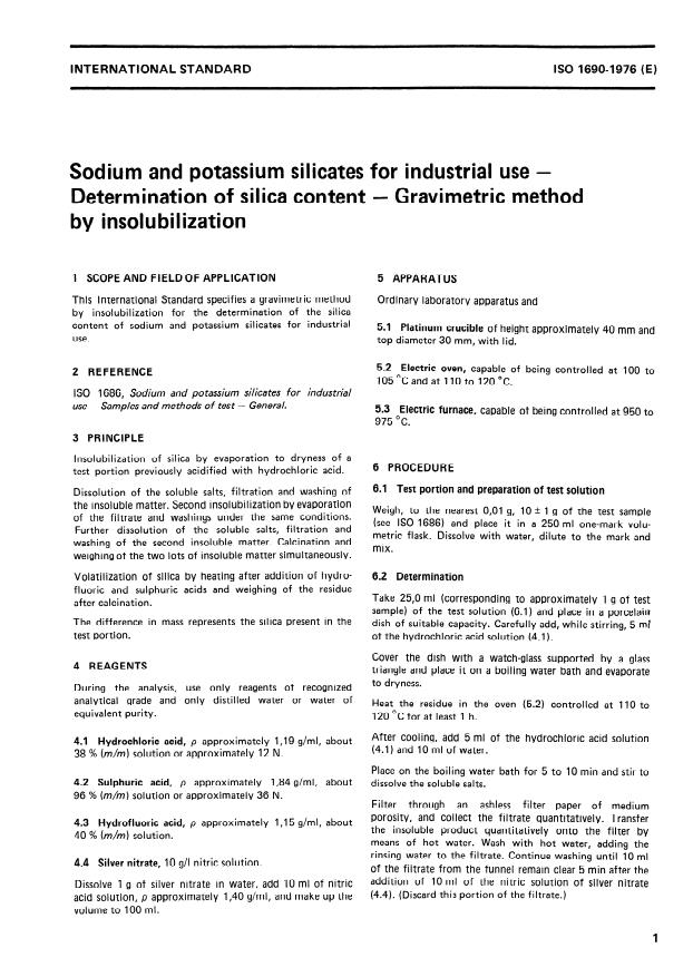 ISO 1690:1976 - Sodium and potassium silicates for industrial use -- Determination of silica content -- Gravimetric method by insolubilization