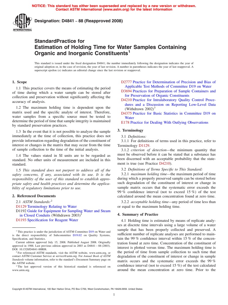 ASTM D4841-88(2008) - Standard Practice for Estimation of Holding Time for Water Samples Containing Organic and Inorganic Constituents