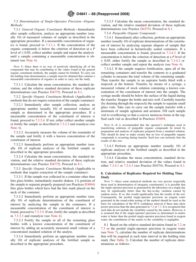 ASTM D4841-88(2008) - Standard Practice for Estimation of Holding Time for Water Samples Containing Organic and Inorganic Constituents