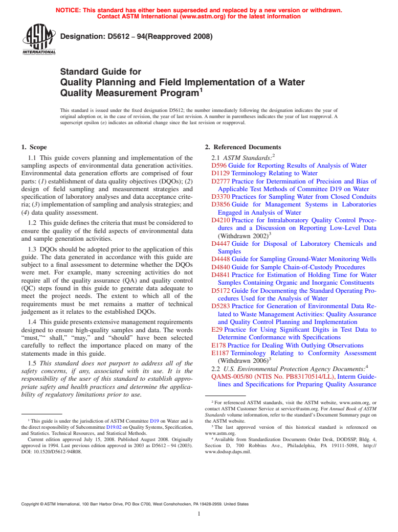 ASTM D5612-94(2008) - Standard Guide for  Quality Planning and Field Implementation of a Water Quality Measurement Program