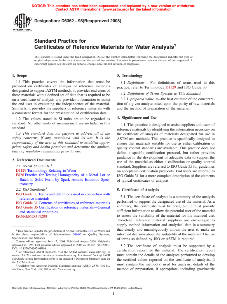 ASTM D6362-98(2008) - Standard Practice for Certificates of Reference Materials for Water Analysis