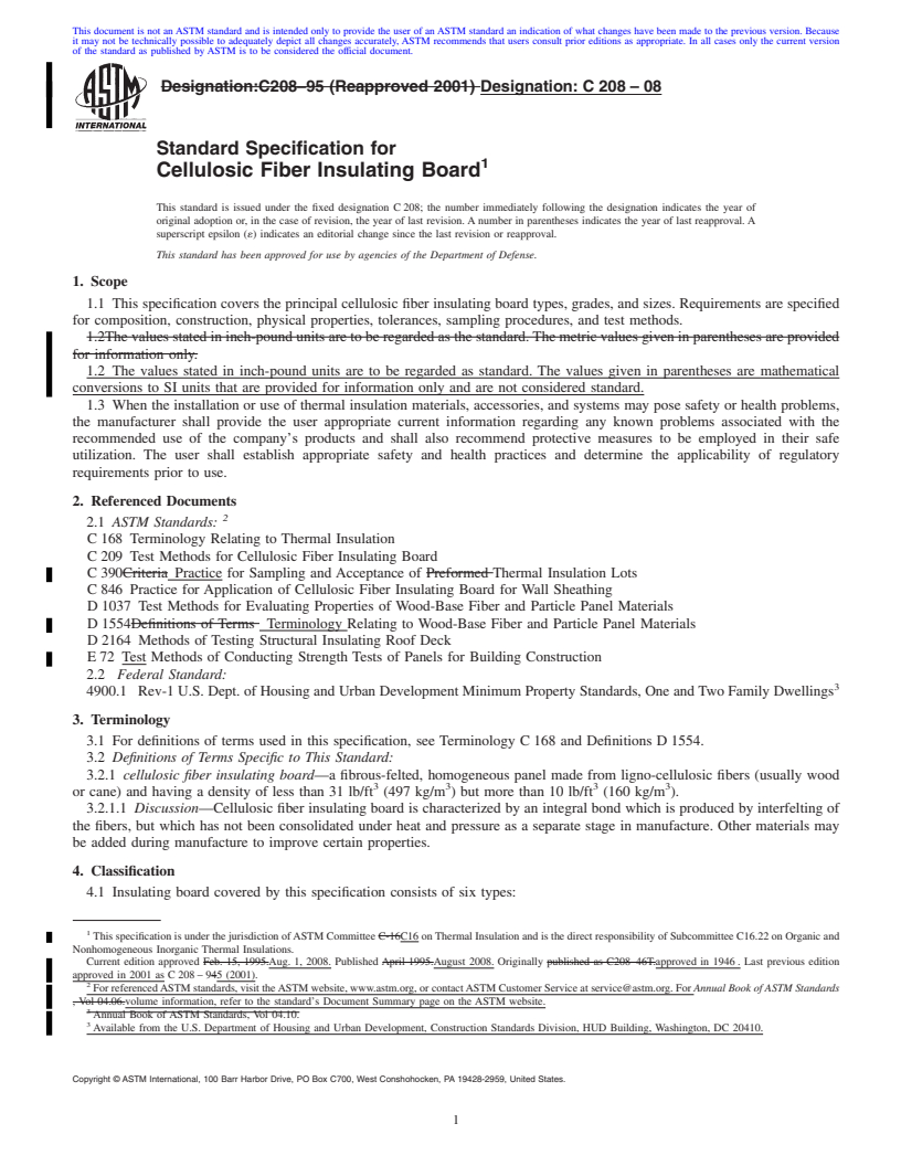 REDLINE ASTM C208-08 - Standard Specification for Cellulosic Fiber Insulating Board