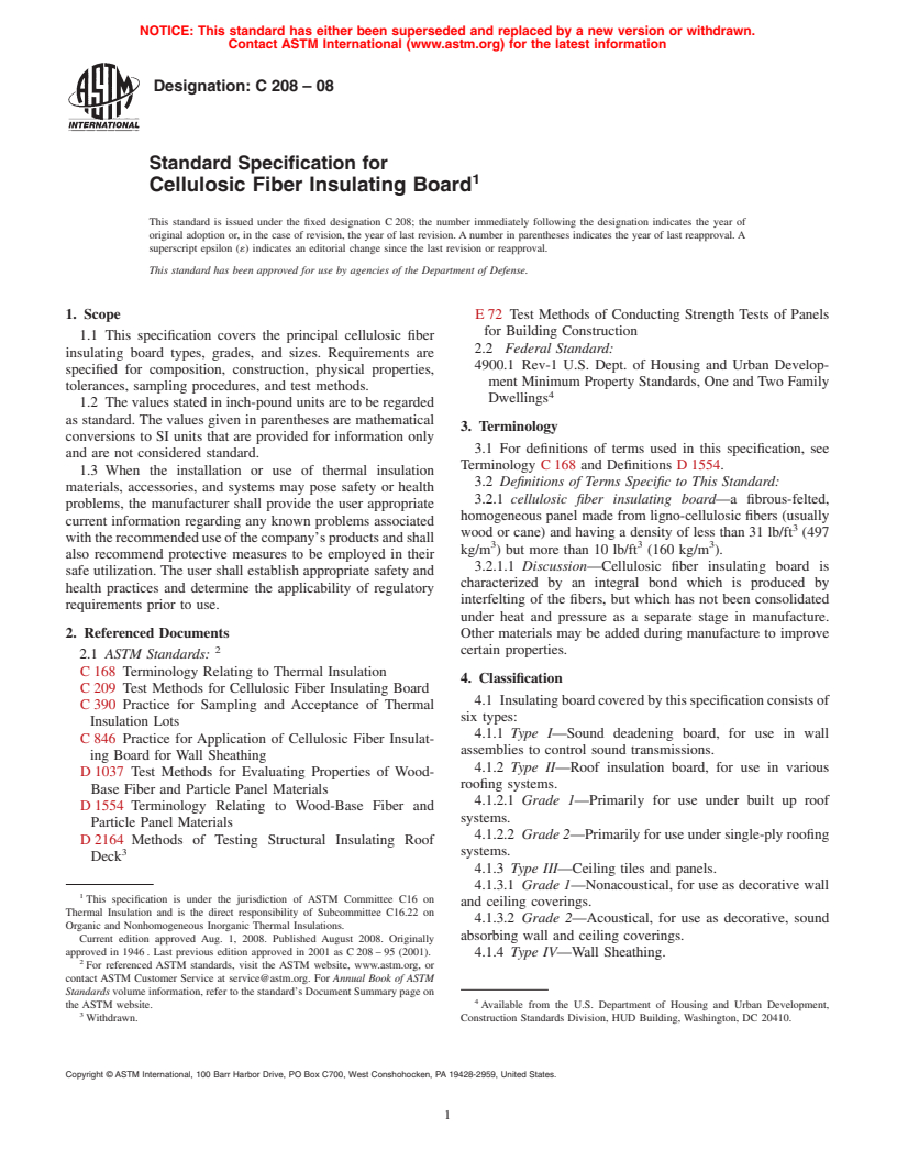 ASTM C208-08 - Standard Specification for Cellulosic Fiber Insulating Board