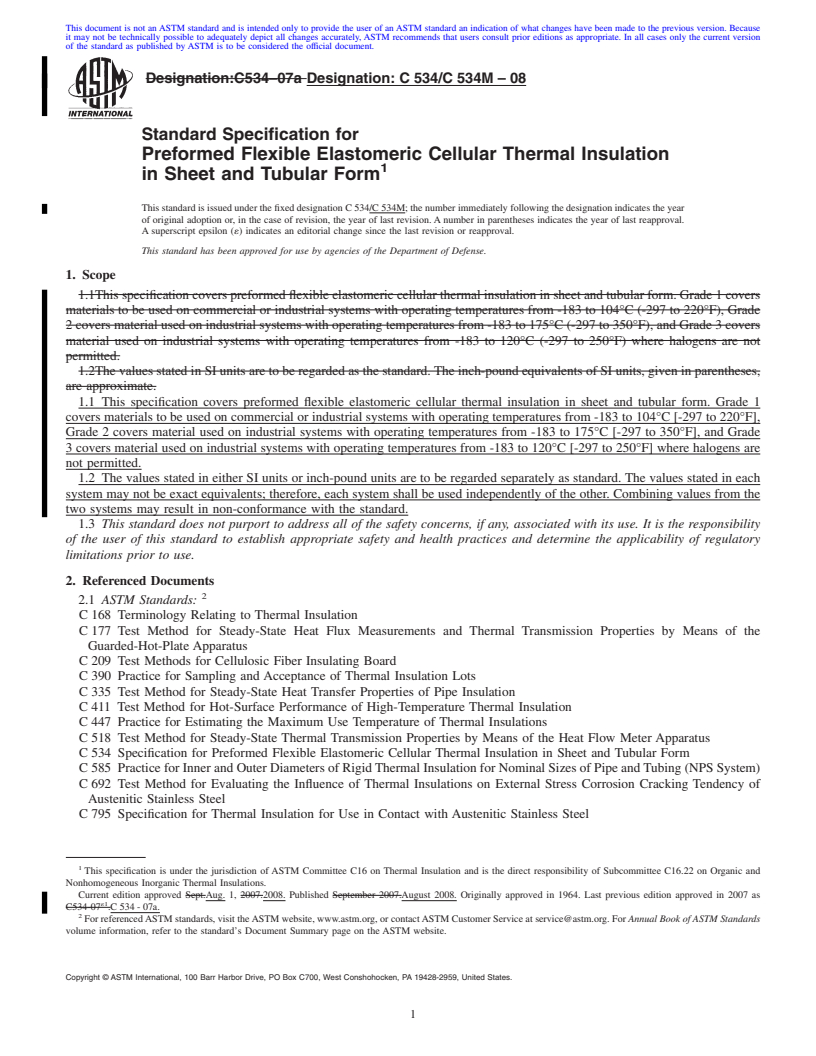 REDLINE ASTM C534/C534M-08 - Standard Specification for Preformed Flexible Elastomeric Cellular Thermal Insulation in Sheet and Tubular Form