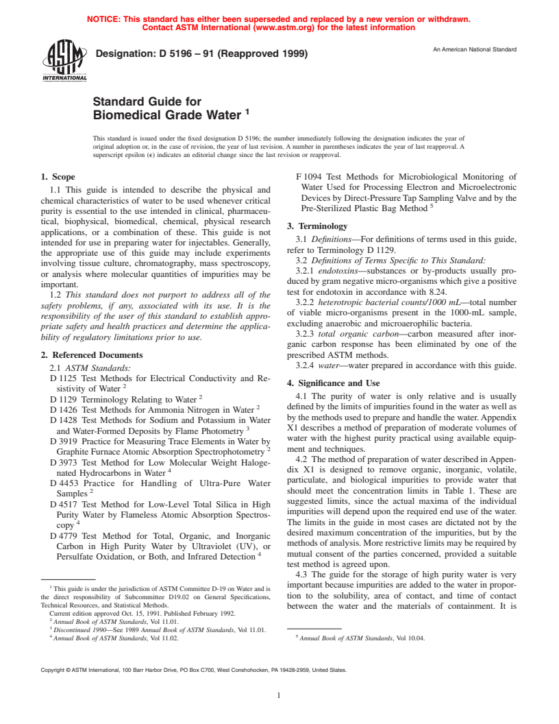 ASTM D5196-91(1999) - Standard Guide for Biomedical Grade Water