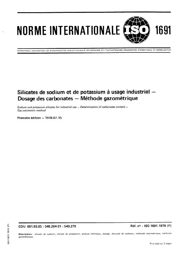 ISO 1691:1976 - Silicates de sodium et de potassium a usage industriel -- Dosage des carbonates -- Méthode gazométrique