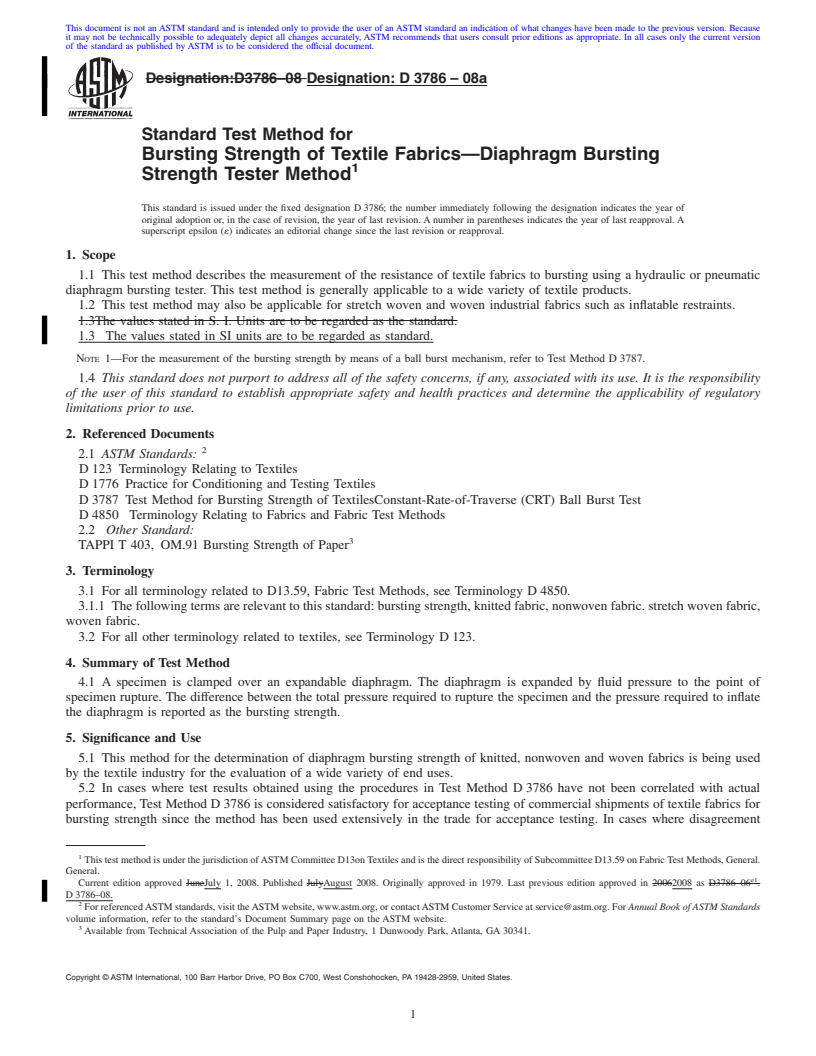 REDLINE ASTM D3786-08a - Standard Test Method for   Bursting Strength of Textile Fabrics<span class='unicode'>&#x2014;</span>Diaphragm Bursting Strength Tester Method