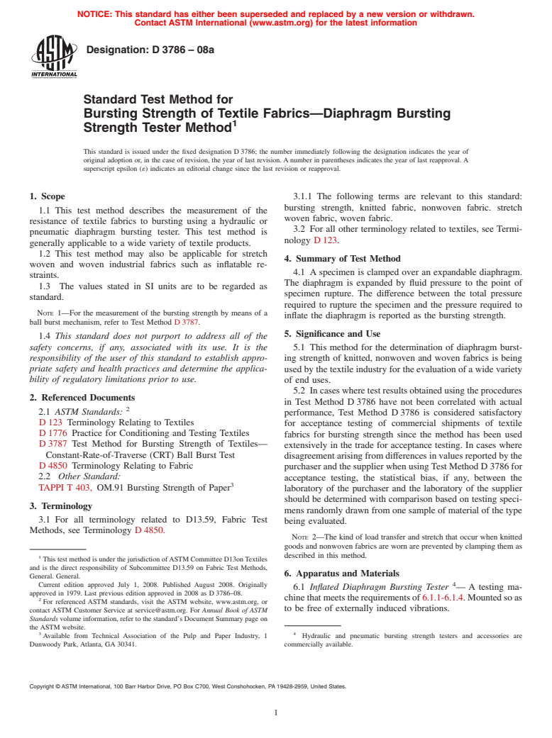 ASTM D3786-08a - Standard Test Method for   Bursting Strength of Textile Fabrics<span class='unicode'>&#x2014;</span>Diaphragm Bursting Strength Tester Method