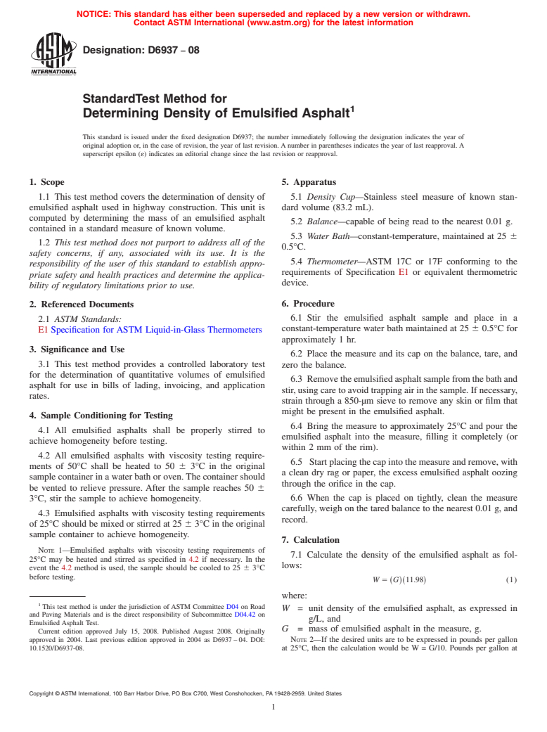 ASTM D6937-08 - Standard Test Method for Determining  Density of Emulsified Asphalt