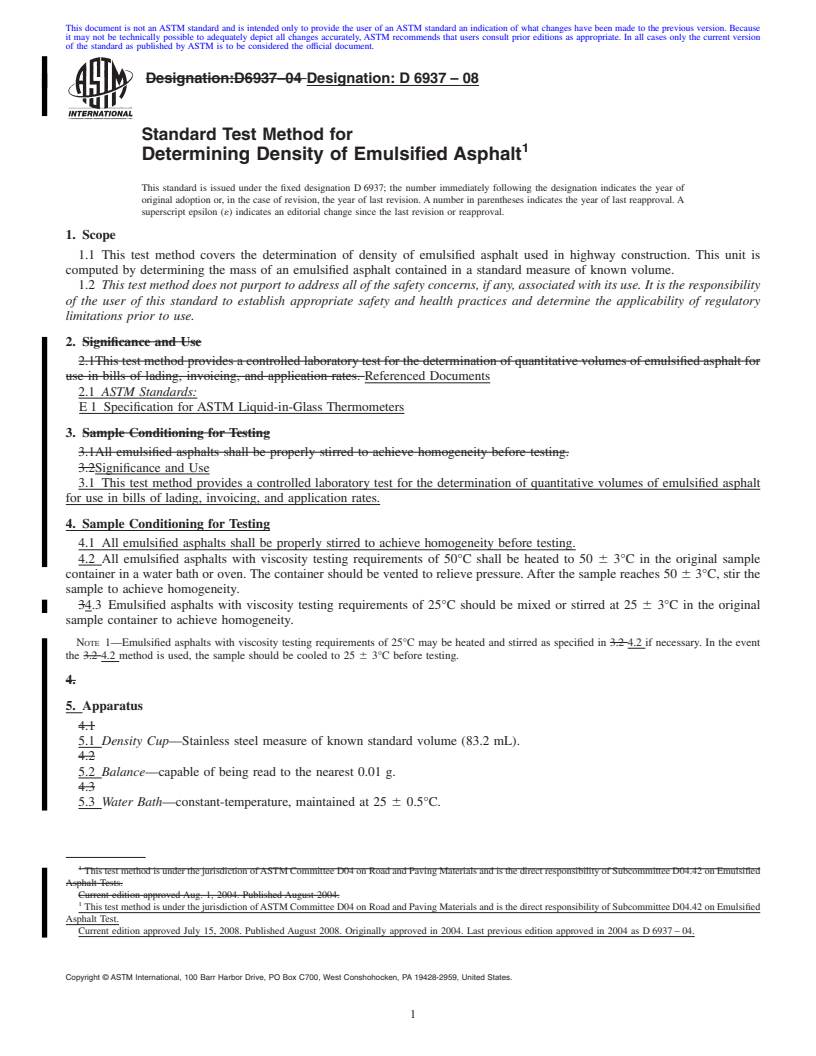 REDLINE ASTM D6937-08 - Standard Test Method for Determining  Density of Emulsified Asphalt