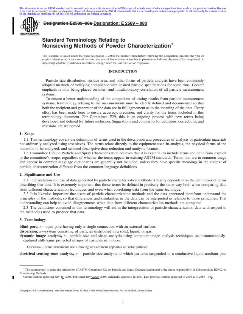 REDLINE ASTM E2589-08b - Standard Terminology Relating to Nonsieving Methods of Powder Characterization
