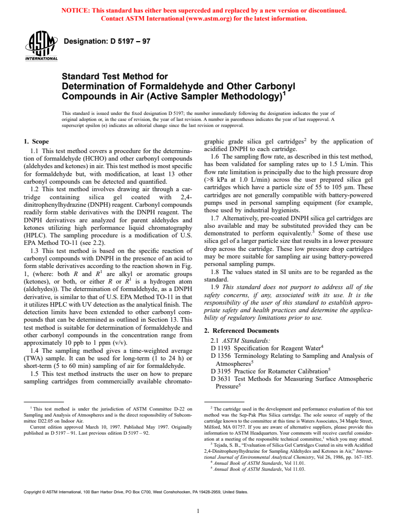 ASTM D5197-97 - Standard Test Method for Determination of Formaldehyde and Other Carbonyl Compounds in Air (Active Sampler Methodology)