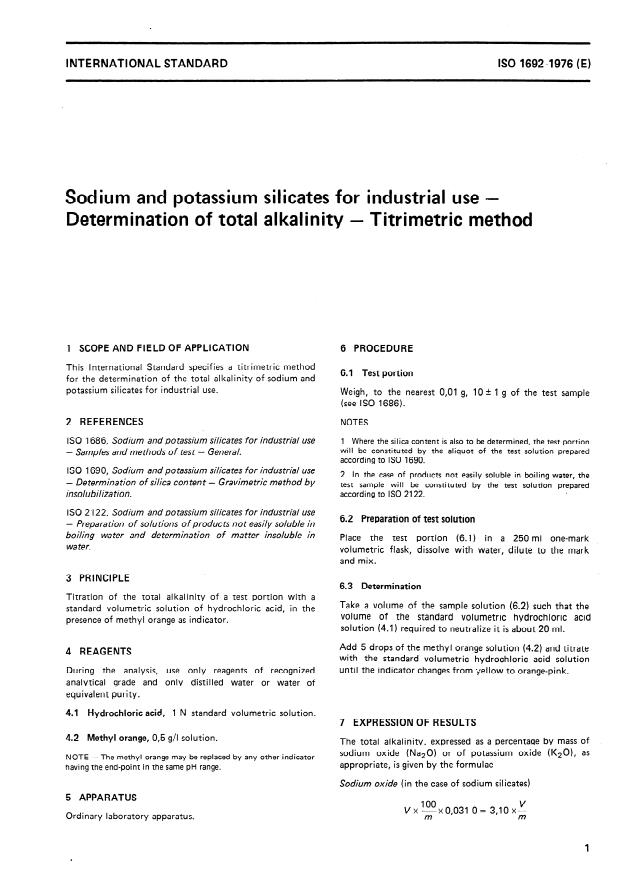 ISO 1692:1976 - Sodium and potassium silicates for industrial use -- Determination of total alkalinity -- Titrimetric method