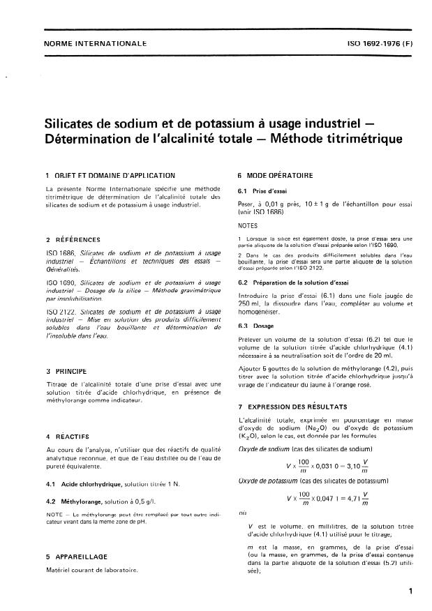 ISO 1692:1976 - Silicates de sodium et de potassium a usage industriel -- Détermination de l'alcalinité totale -- Méthode titrimétrique