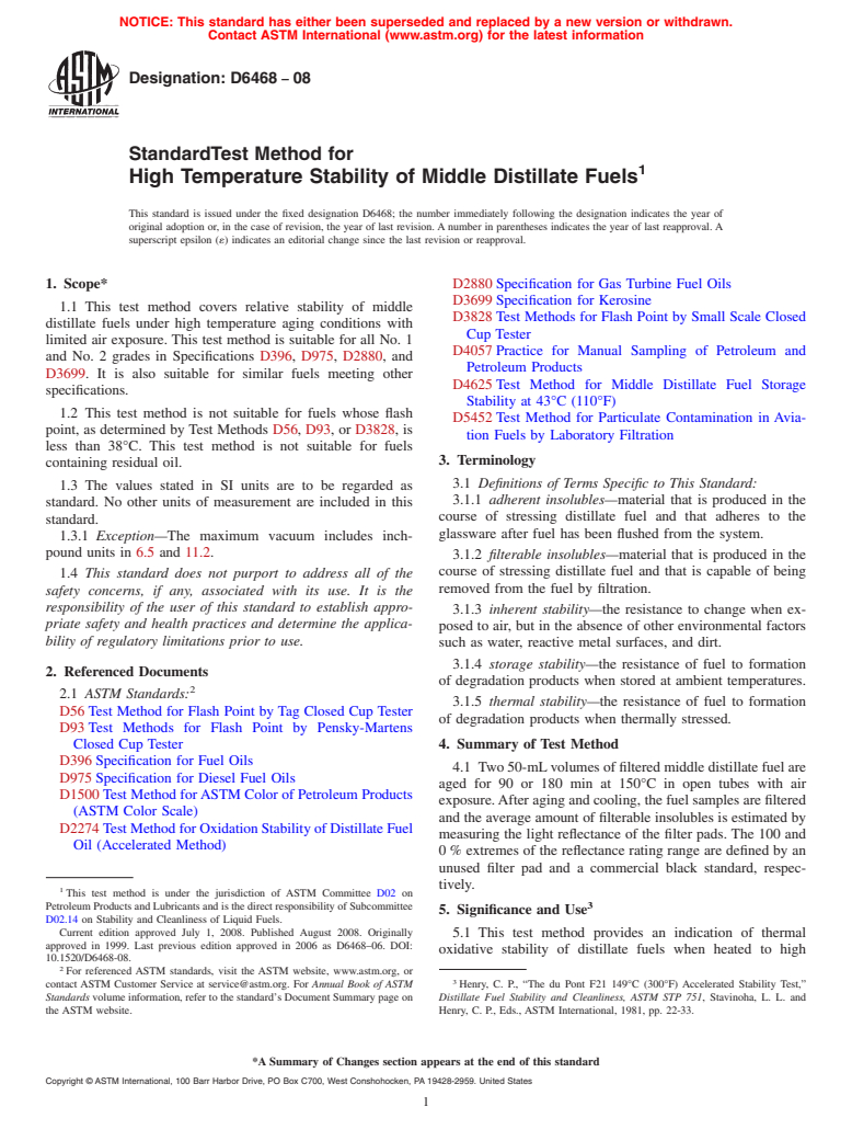 ASTM D6468-08 - Standard Test Method for High Temperature Stability of Middle Distillate Fuels