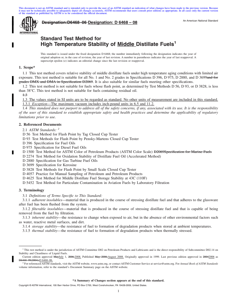 REDLINE ASTM D6468-08 - Standard Test Method for High Temperature Stability of Middle Distillate Fuels