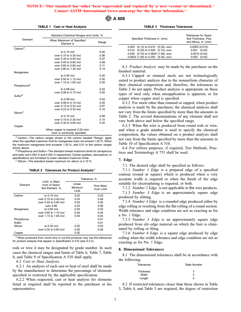 ASTM A805-93(1998) - Standard Specification for Steel, Flat Wire, Carbon, Cold-Rolled