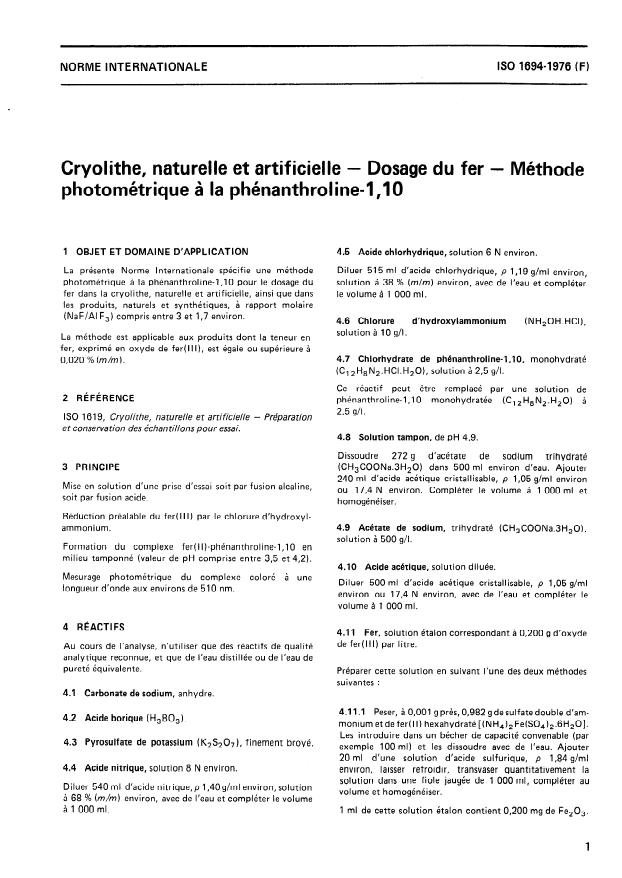 ISO 1694:1976 - Cryolithe, naturelle et artificielle -- Dosage du fer -- Méthode photométrique a la phénanthroline-1,10