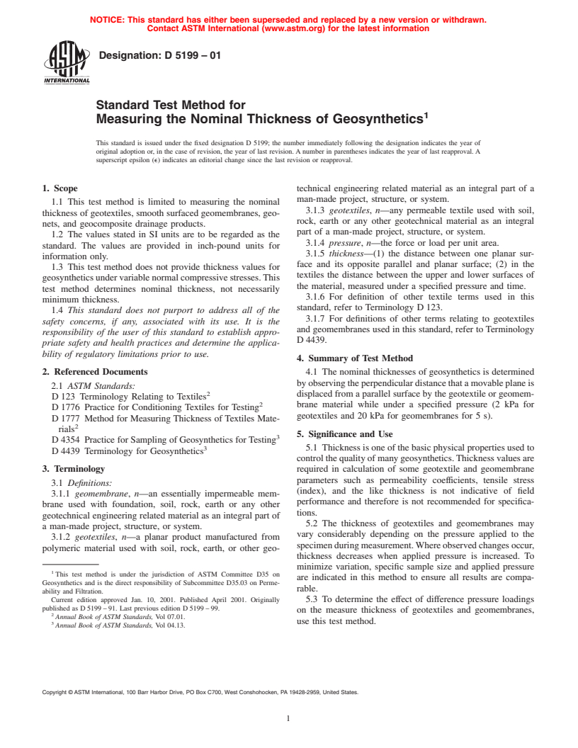 ASTM D5199-01 - Standard Test Method for Measuring the Nominal Thickness of Geosynthetics