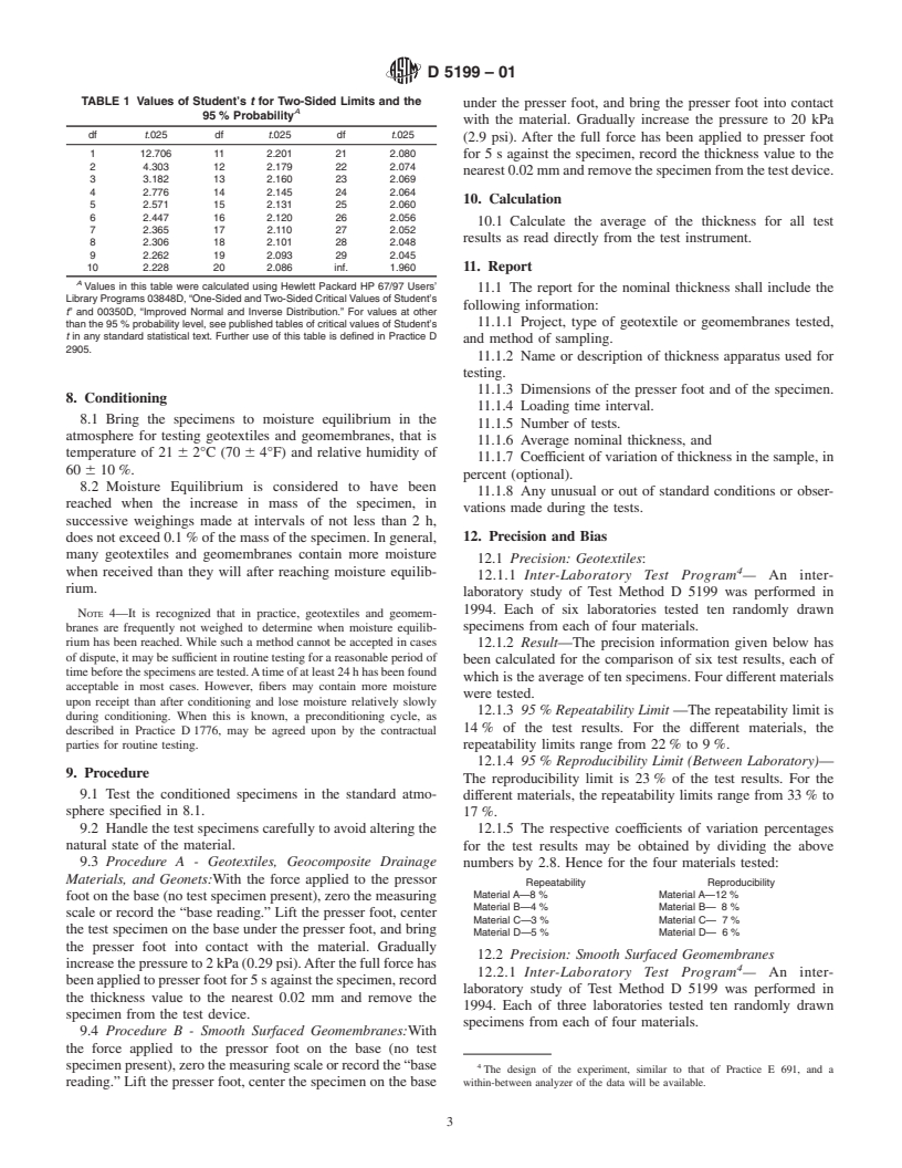 ASTM D5199-01 - Standard Test Method for Measuring the Nominal Thickness of Geosynthetics