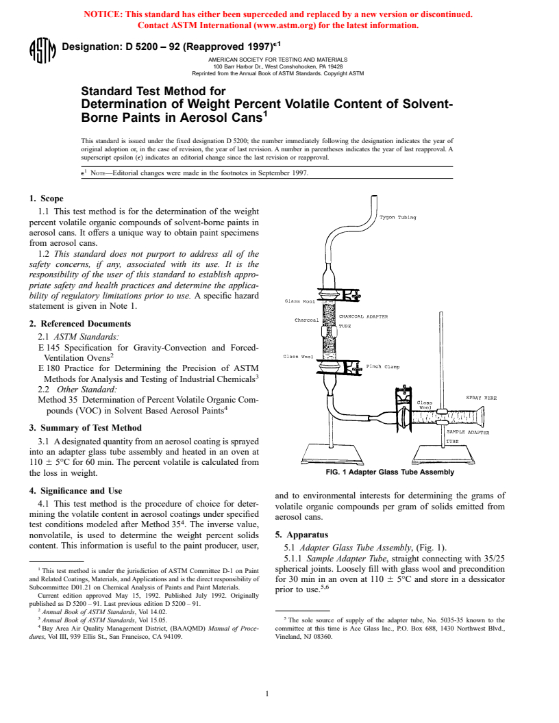 ASTM D5200-92(1997)e1 - Standard Test Method for Determination of Weight Percent Volatile Content of Solvent-Borne Paints in Aerosol Cans