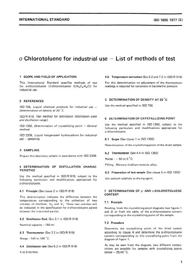 ISO 1695:1977 - o-Chlorotoluene for industrial use -- List of methods of test