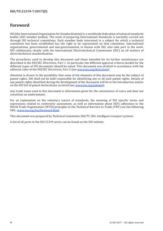 ISO/TS 21219-7:2017 ISO/TS 21219-7:2017 - Intelligent transport systems -- Traffic and travel information (TTI) via transport protocol experts group, generation 2 (TPEG2) - Page 4 preview