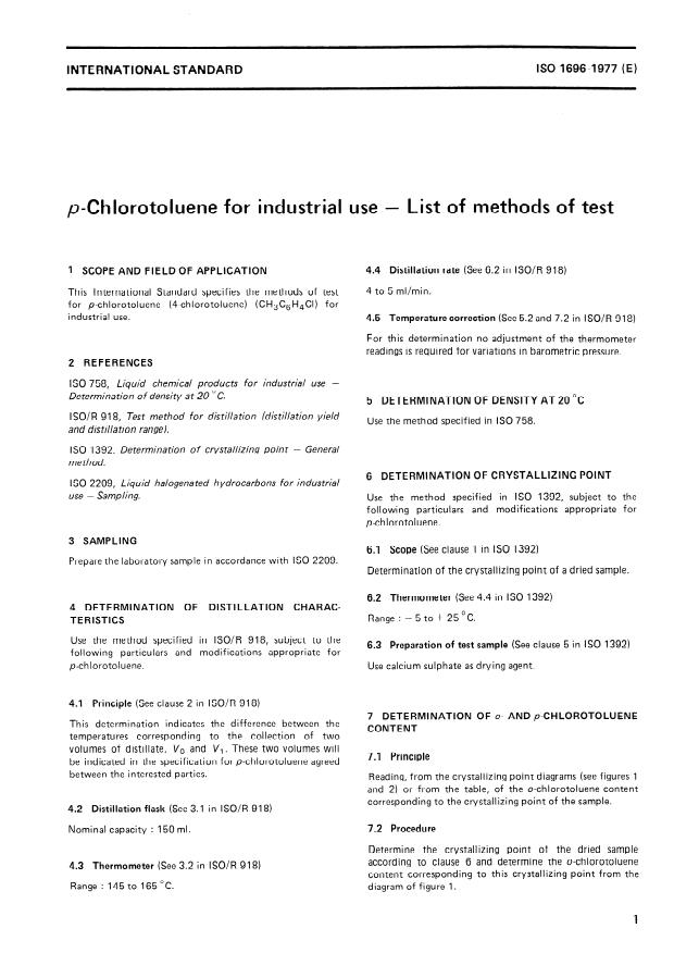ISO 1696:1977 - p-Chlorotoluene for industrial use -- List of methods of test