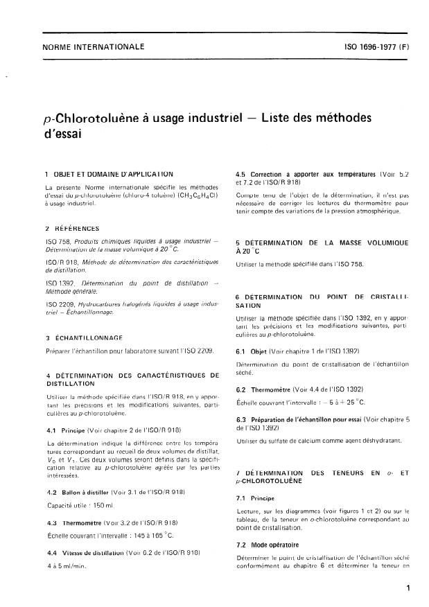 ISO 1696:1977 - p-Chlorotoluene a usage industriel -- Liste des méthodes d'essai