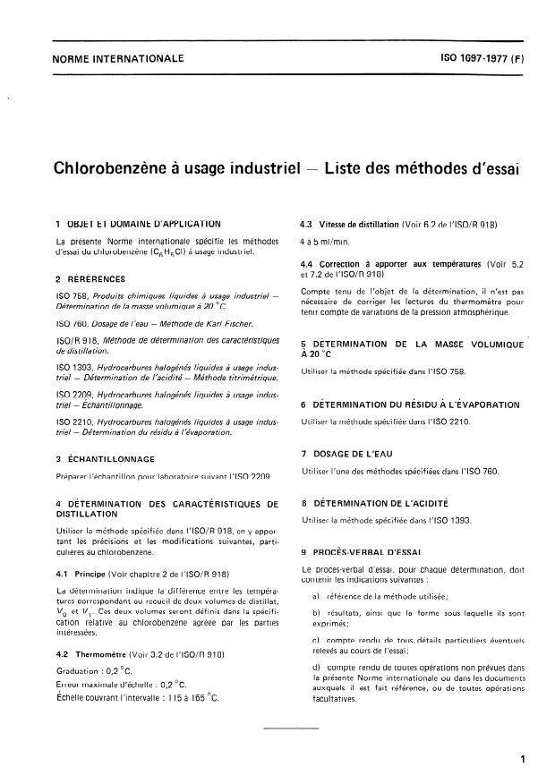 ISO 1697:1977 - Chlorobenzene a usage industriel -- Liste des méthodes d'essai