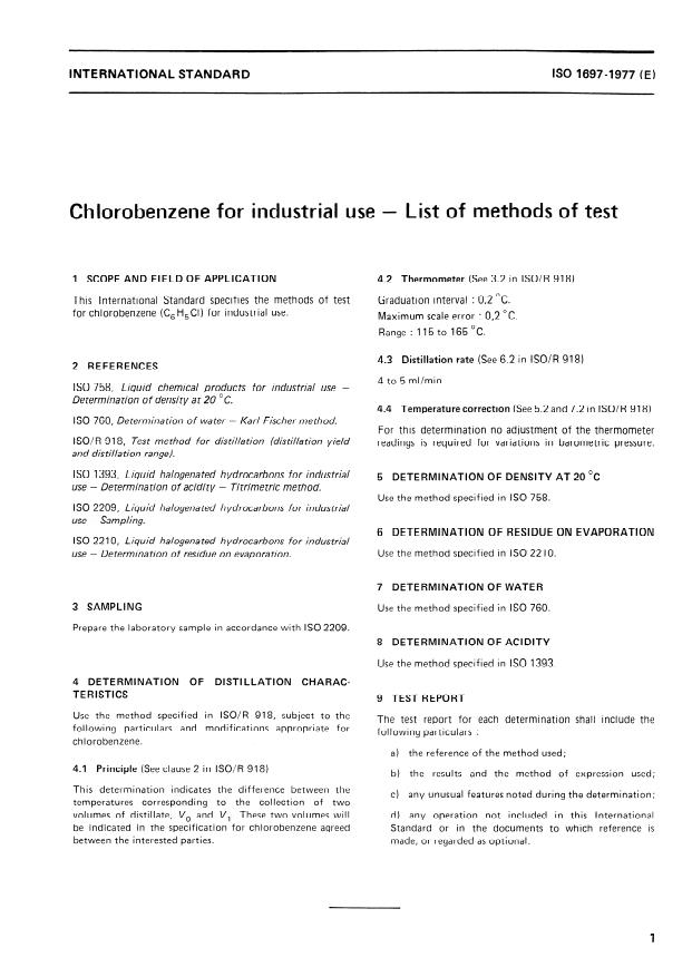 ISO 1697:1977 - Chlorobenzene for industrial use -- List of methods of test