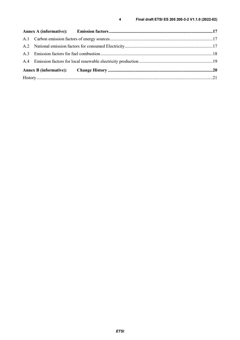 SIST ES 205 200-3-2 V1.1.1:2022 ETSI ES 205 200-3-2 V1.1.0 (2022-02) - Access, Terminals, Transmission and Multiplexing (ATTM); Carbon Intensity Management; Operational infrastructures; Implementation of Global KPIs; Part 3: ICT Sites; Sub-part 2: DCCM - Page 4 preview