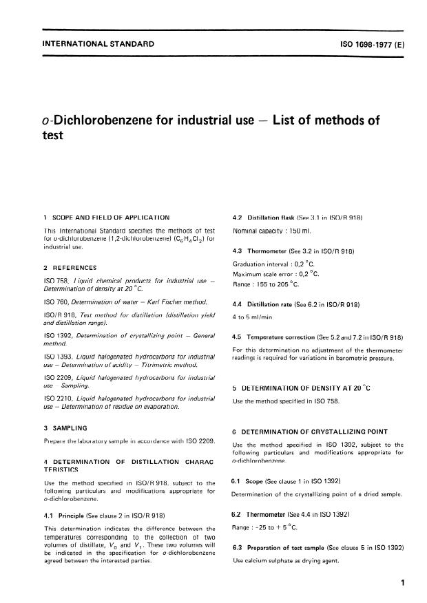 ISO 1698:1977 - o-Dichlorobenzene for industrial use -- List of methods of test