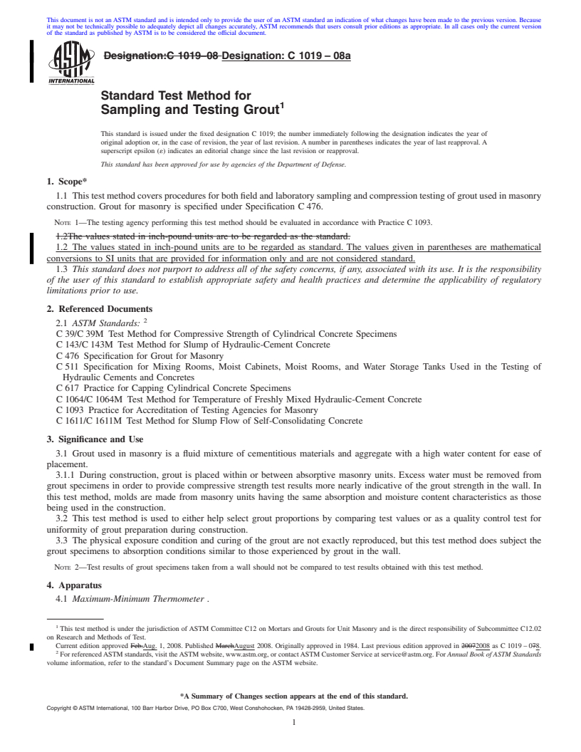 REDLINE ASTM C1019-08a - Standard Test Method for  Sampling and Testing Grout