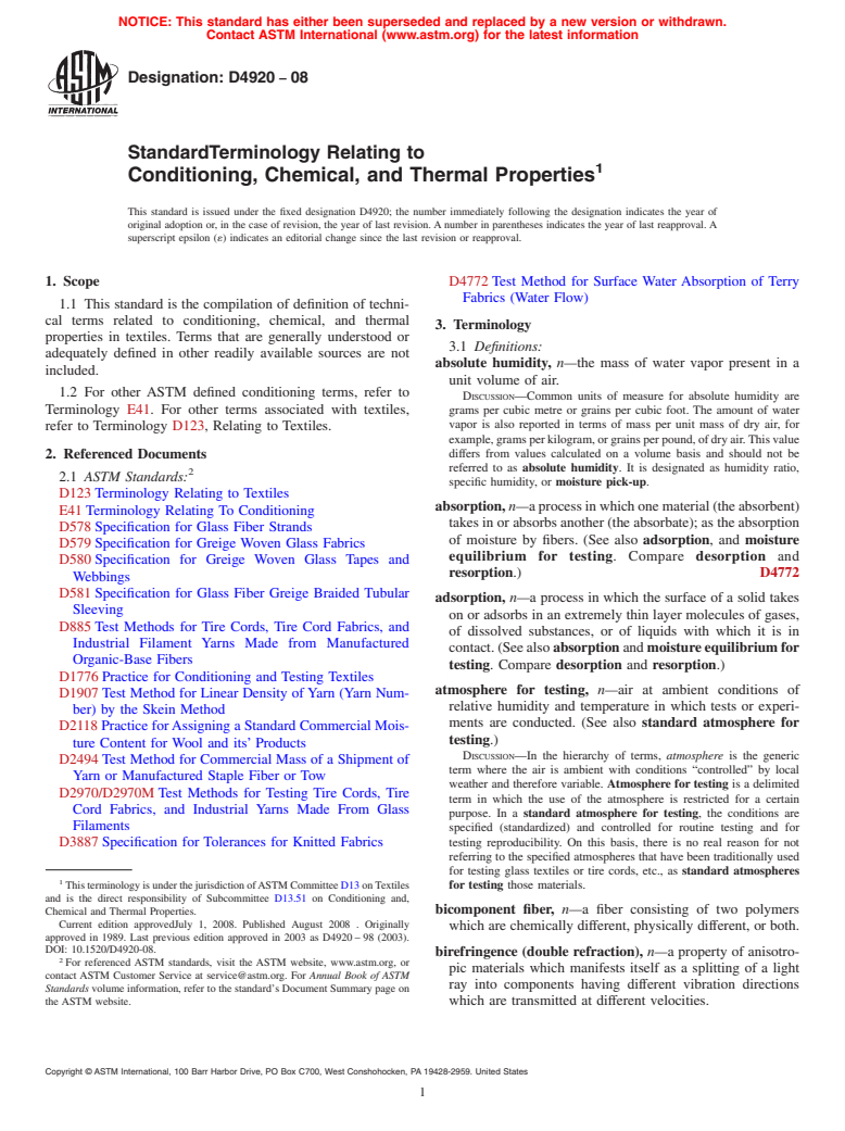 ASTM D4920-08 - Standard Terminology Relating to  Conditioning, Chemical, and Thermal Properties