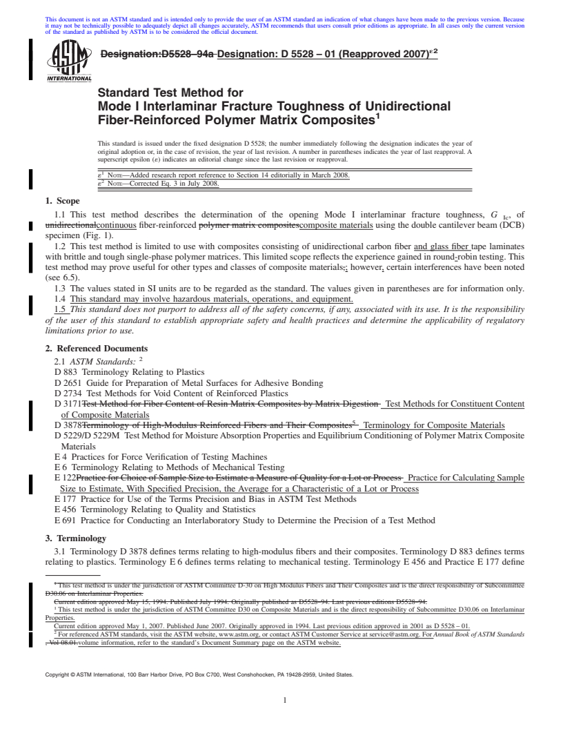 REDLINE ASTM D5528-01(2007)e2 - Standard Test Method for Mode I Interlaminar Fracture Toughness of Unidirectional Fiber-Reinforced Polymer Matrix Composites