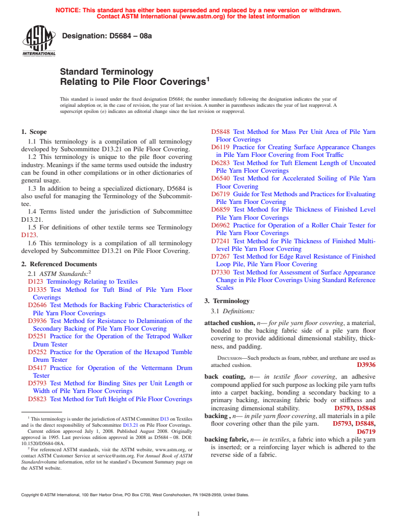 ASTM D5684-08a - Standard Terminology Relating to Pile Floor Coverings