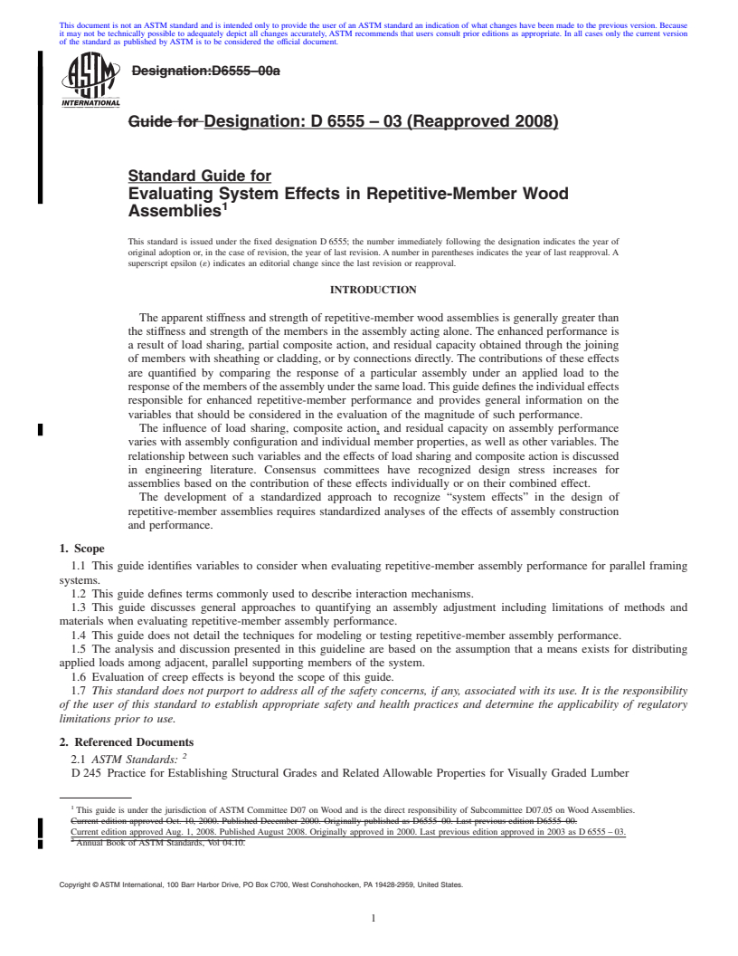 REDLINE ASTM D6555-03(2008) - Standard Guide for Evaluating System Effects in Repetitive-Member Wood Assemblies