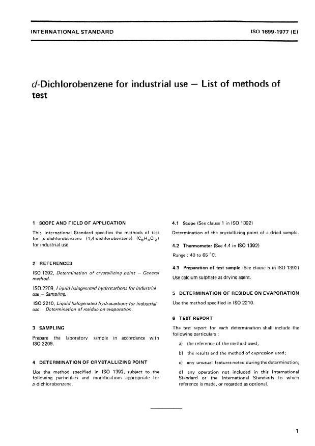 ISO 1699:1977 - P-Dichlorobenzene for industrial use -- List of methods of test