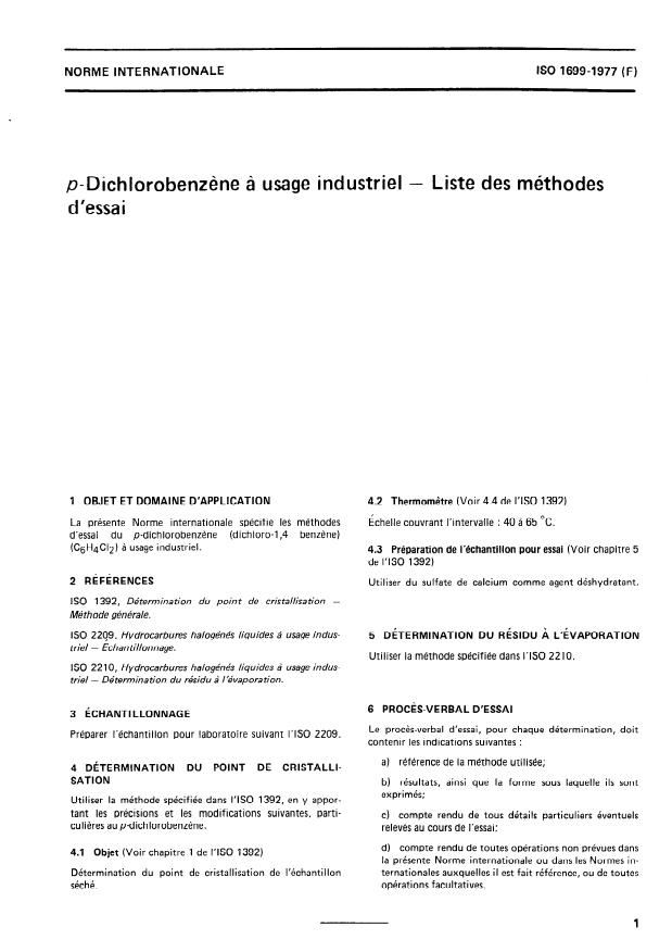 ISO 1699:1977 - P-Dichlorobenzene a usage industriel -- Liste des méthodes d'essai