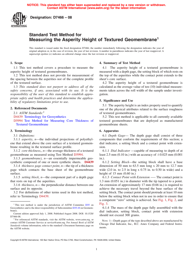 ASTM D7466-08 - Standard Test Method for Measuring the Asperity Height of Textured Geomembrane