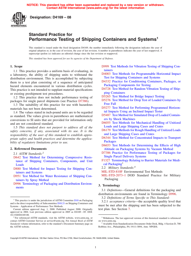 ASTM D4169-08 - Standard Practice for Performance Testing of Shipping Containers and Systems
