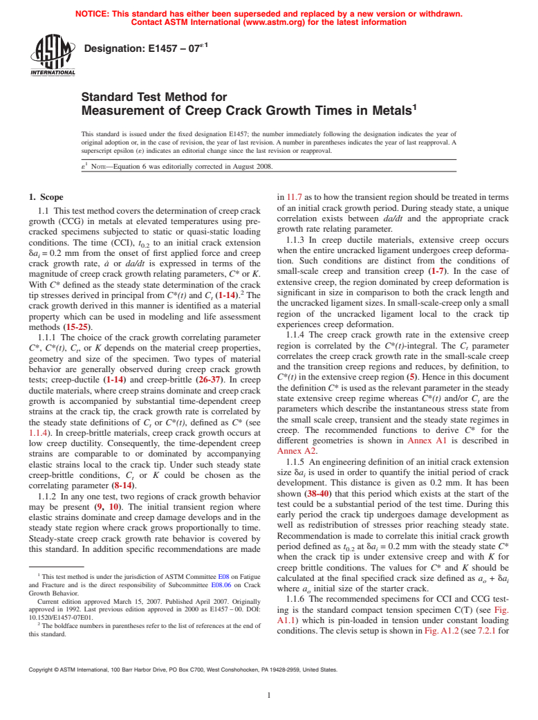 ASTM E1457-07e1 - Standard Test Method for Measurement of Creep Crack Growth Times in Metals