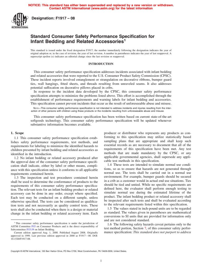 ASTM F1917-08 - Standard Consumer Safety Performance Specification for Infant Bedding and Related Accessories