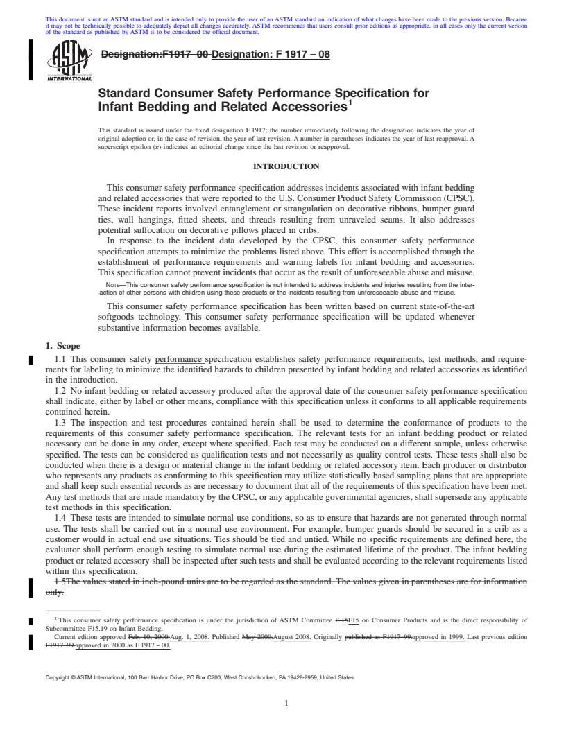 REDLINE ASTM F1917-08 - Standard Consumer Safety Performance Specification for Infant Bedding and Related Accessories