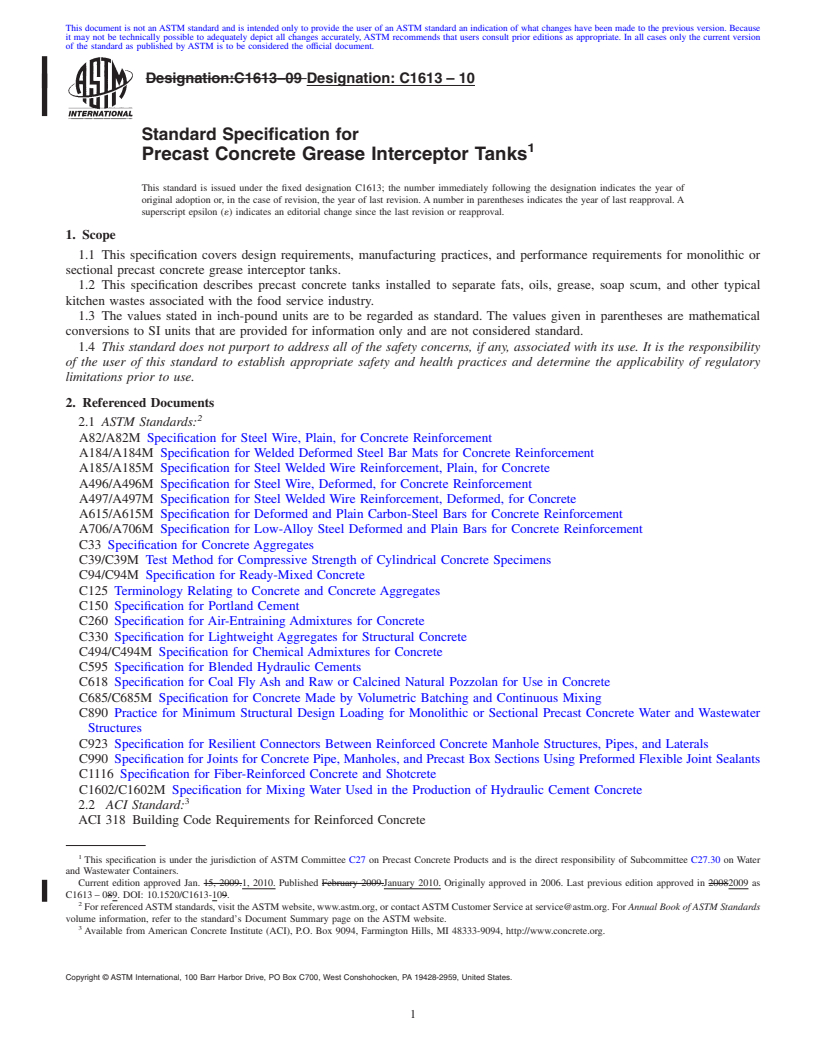 REDLINE ASTM C1613-08 - Standard Specification for Precast Concrete Grease Interceptor Tanks