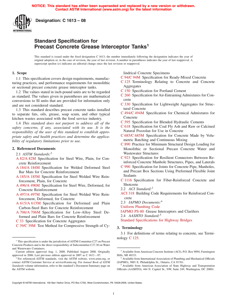 ASTM C1613-08 - Standard Specification for Precast Concrete Grease Interceptor Tanks