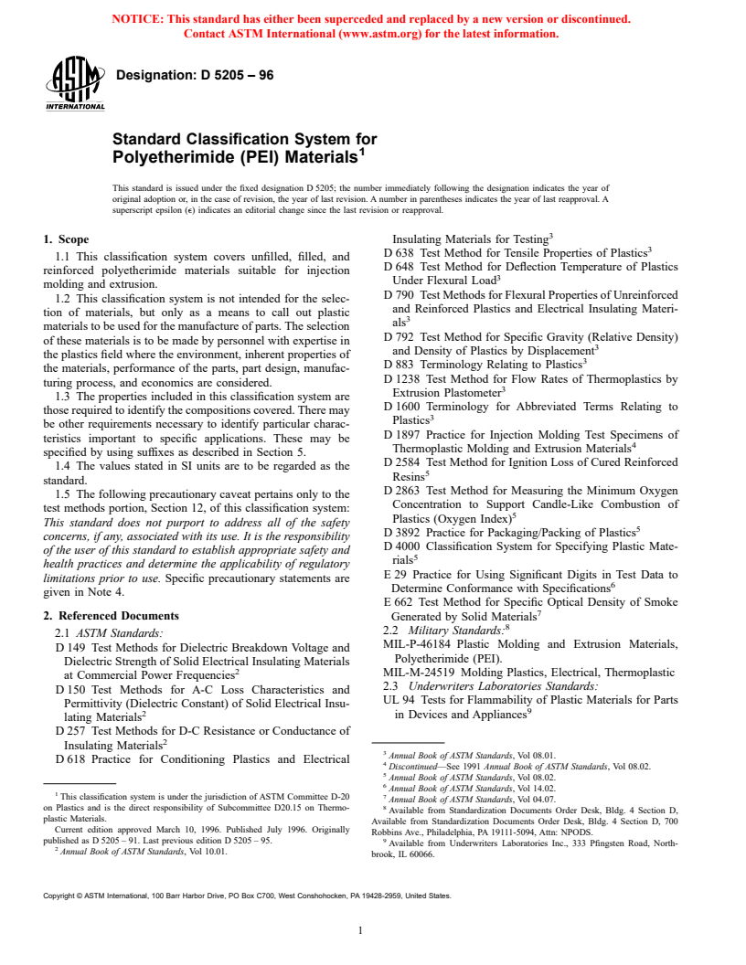 ASTM D5205-96 - Standard Classification System for Polyetherimide (PEI) Materials