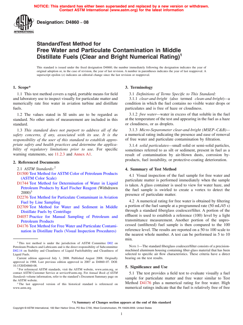 ASTM D4860-08 - Standard Test Method for Free Water and Particulate Contamination in Middle Distillate Fuels (Clear and Bright Numerical Rating)